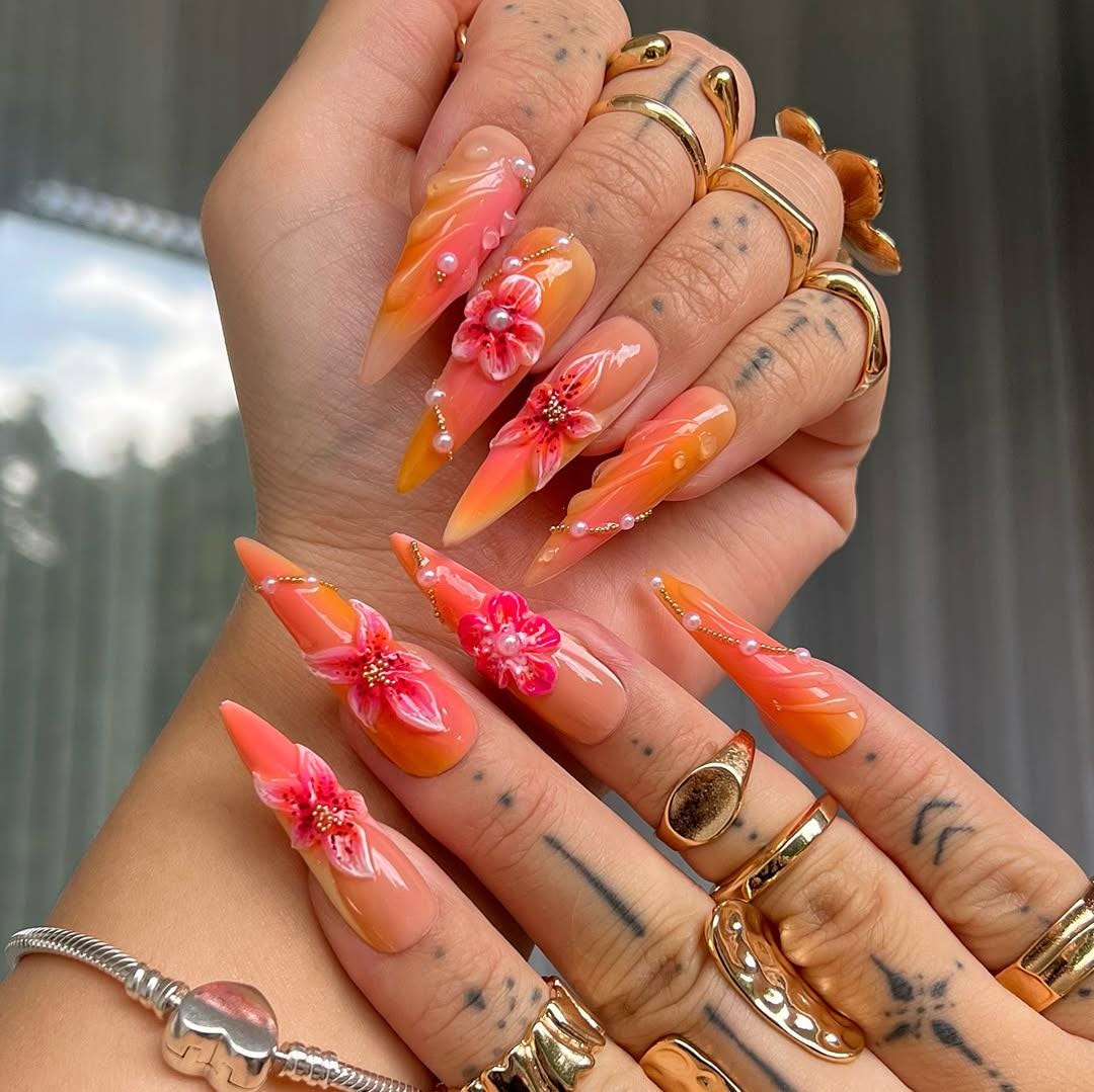 Sunset Bloom 3D Stiletto Press On Nail Set