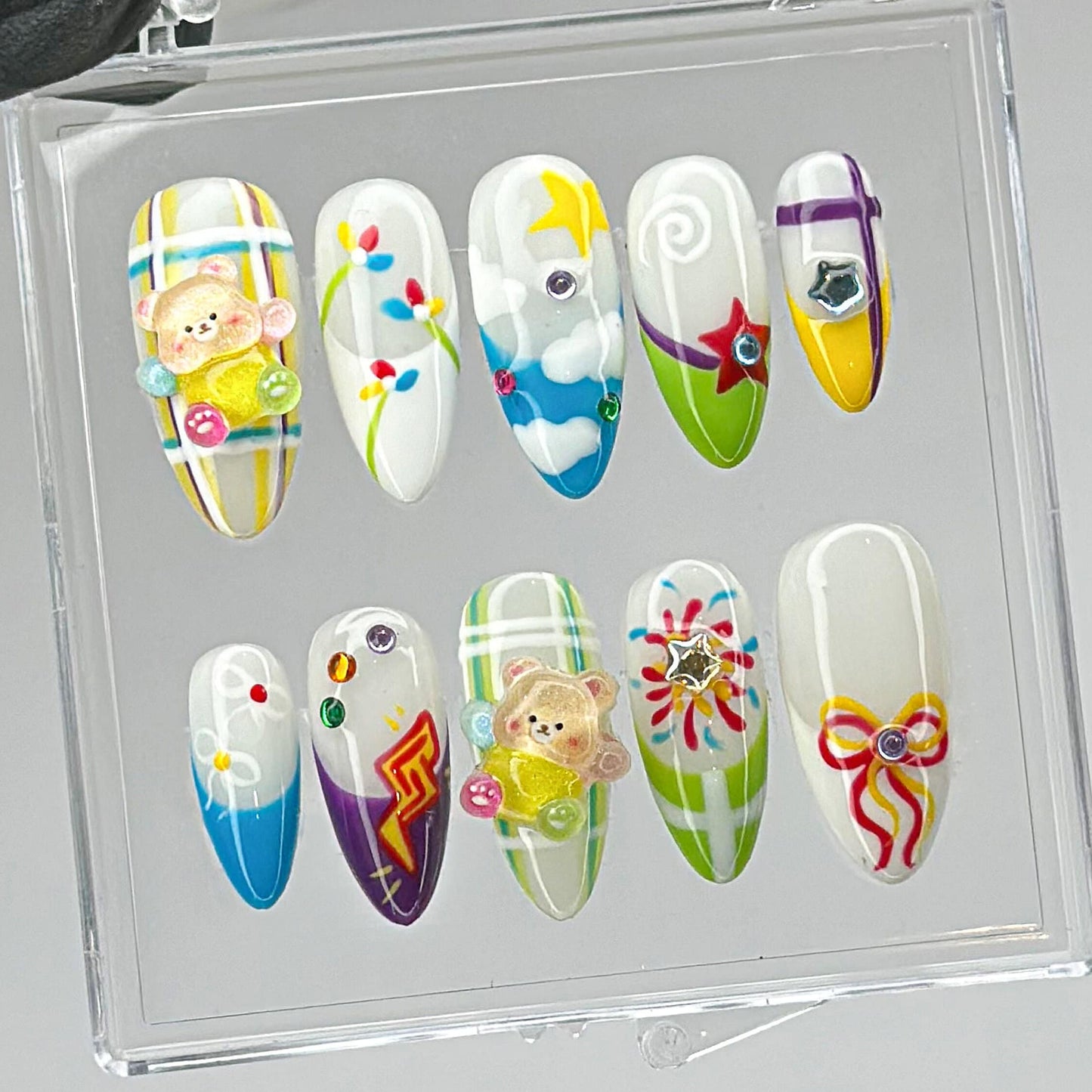 Cute Bears Press On Nails - Cute Teddy Bear Colorful Press On Nails