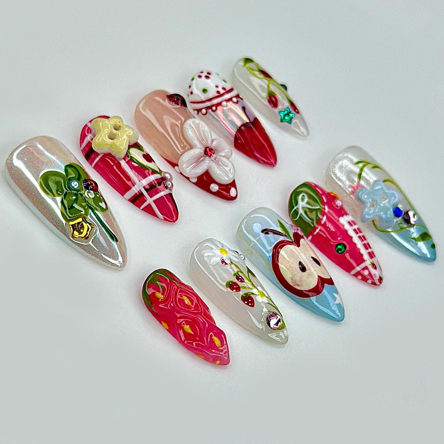 Handcrafted Apple Strawberry Press On Nails - Fruit Garden 3D Press On Nails