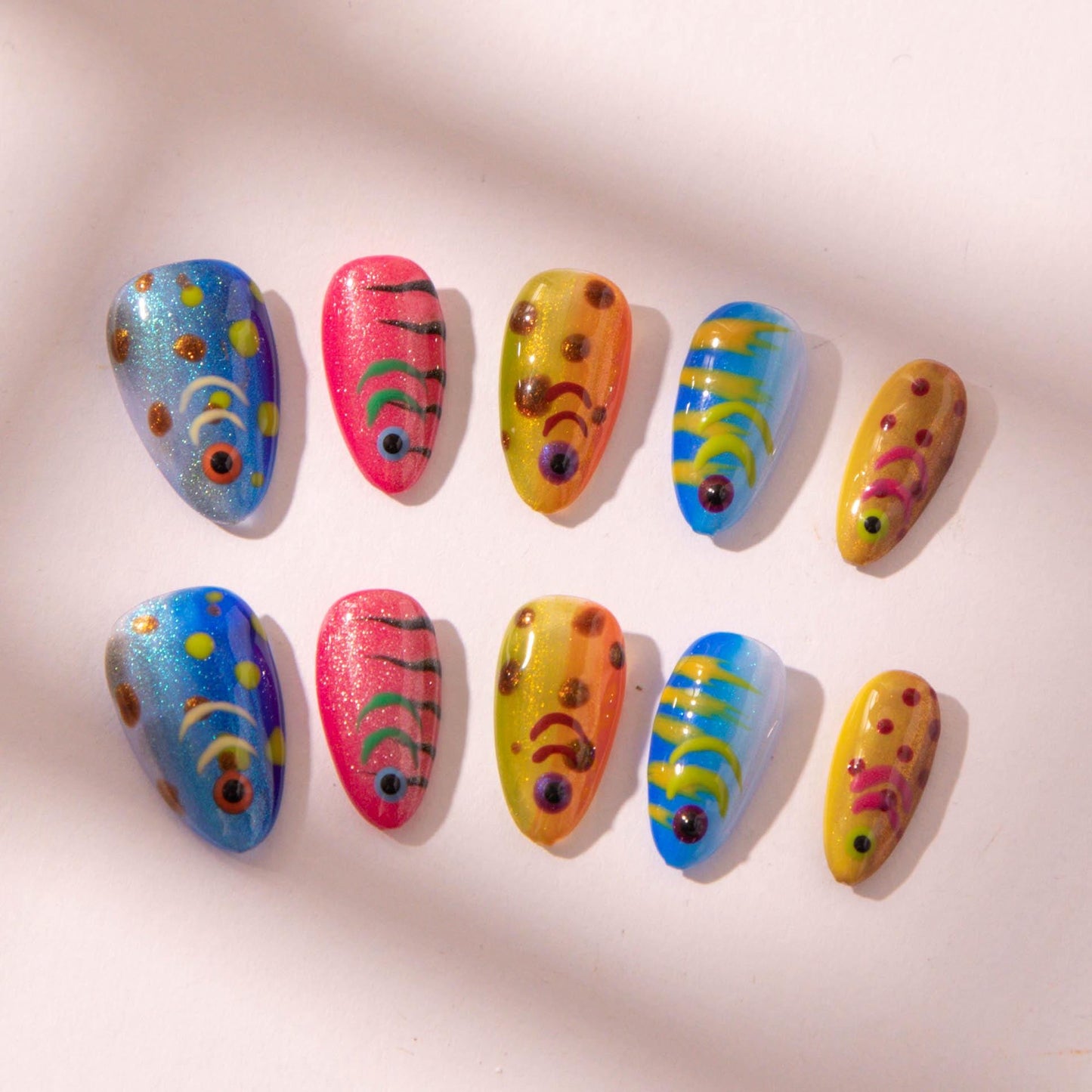Handmade Shiny and Colorful Small Fish Press-On Nails.