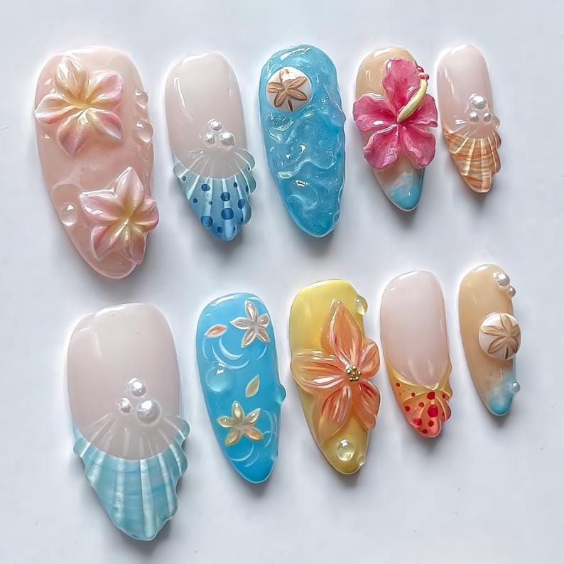 Tropical Beach Press On Nails 3D Floral Set