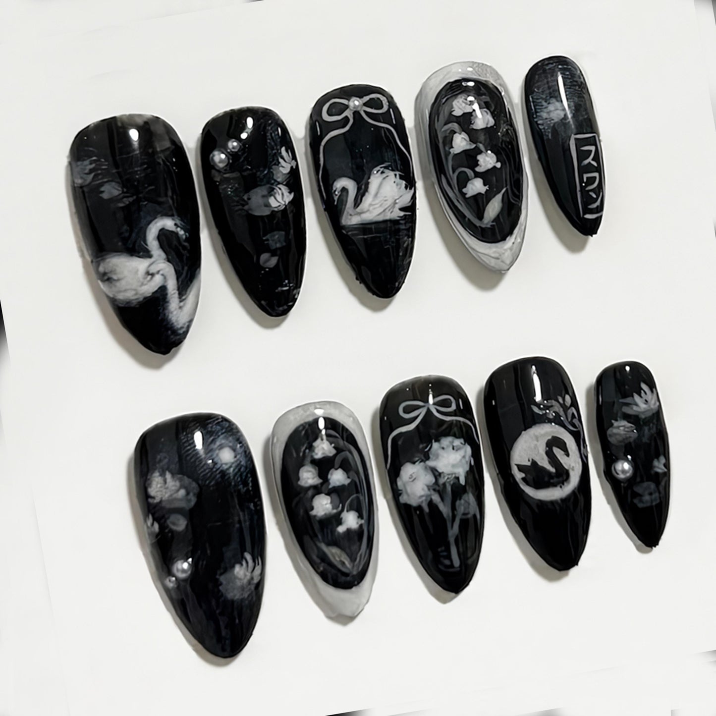 Black Swan Press On Nails Elegant Gothic Art