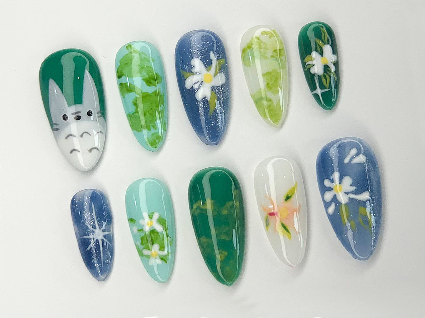 Whimsical 3D Floral Press-On Nails, Totoro Set