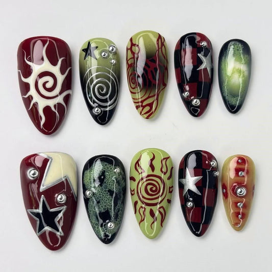 Edgy Spiral Star Nail Set - Red & Green Press-On Nails with 3D Gems