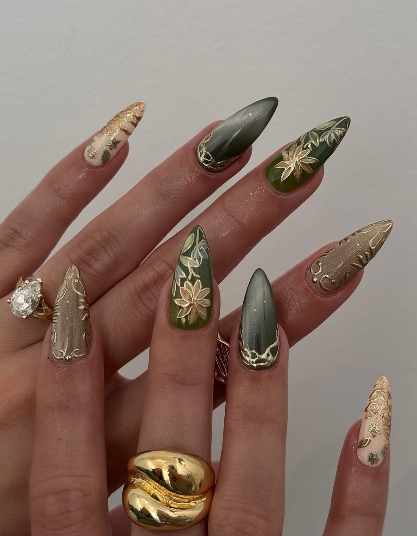 Olive Garden Almond Press On Nails, Olive Green & Gold