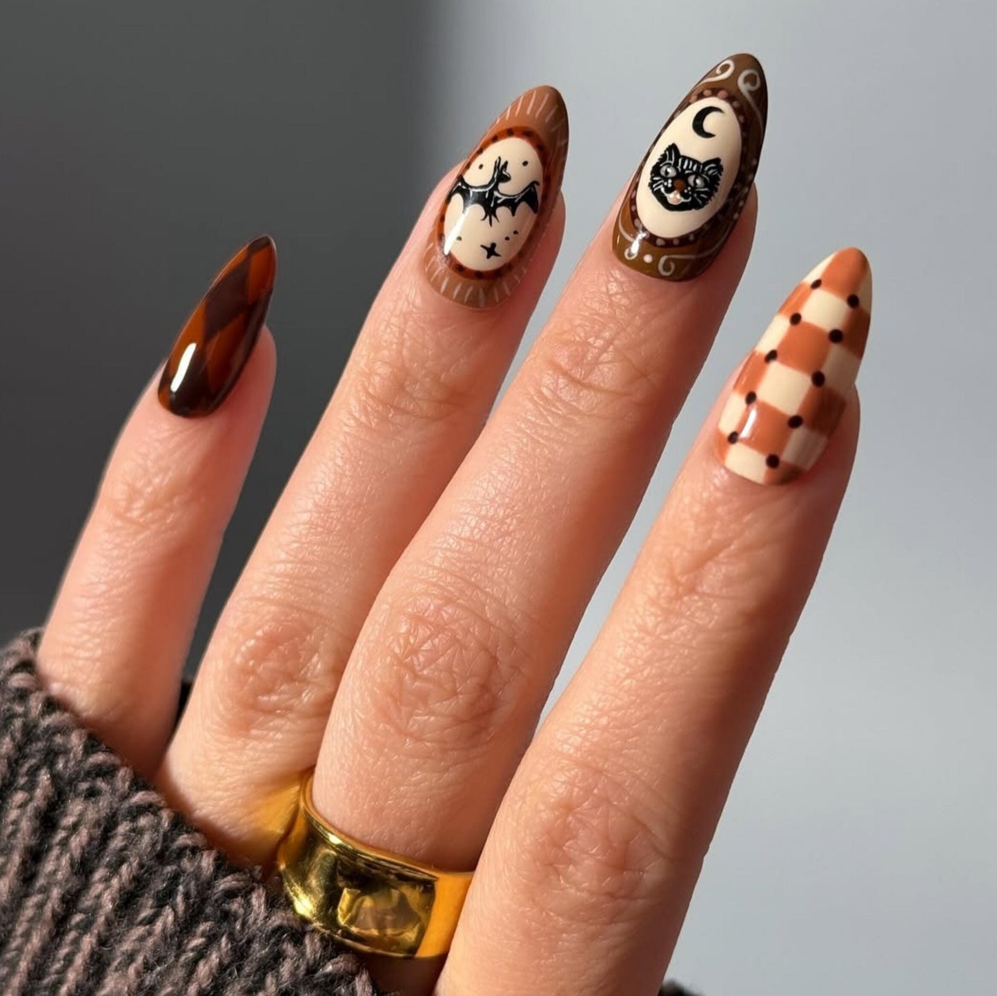 Autumn Halloween Press On Nails - Autumn Gothic Cat Bat Press On