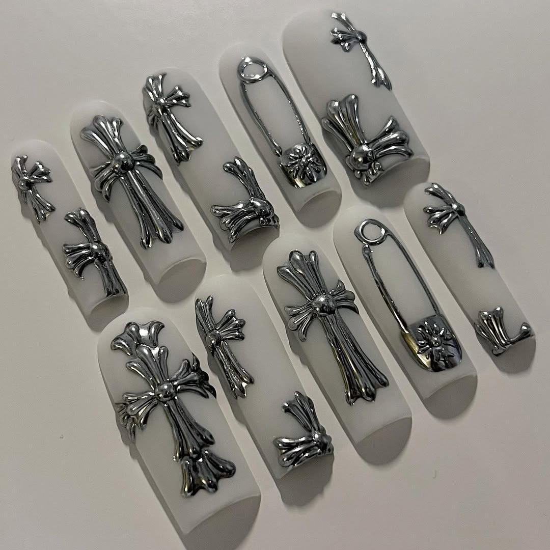 Gothic Chrome Cross Press On Nails Set