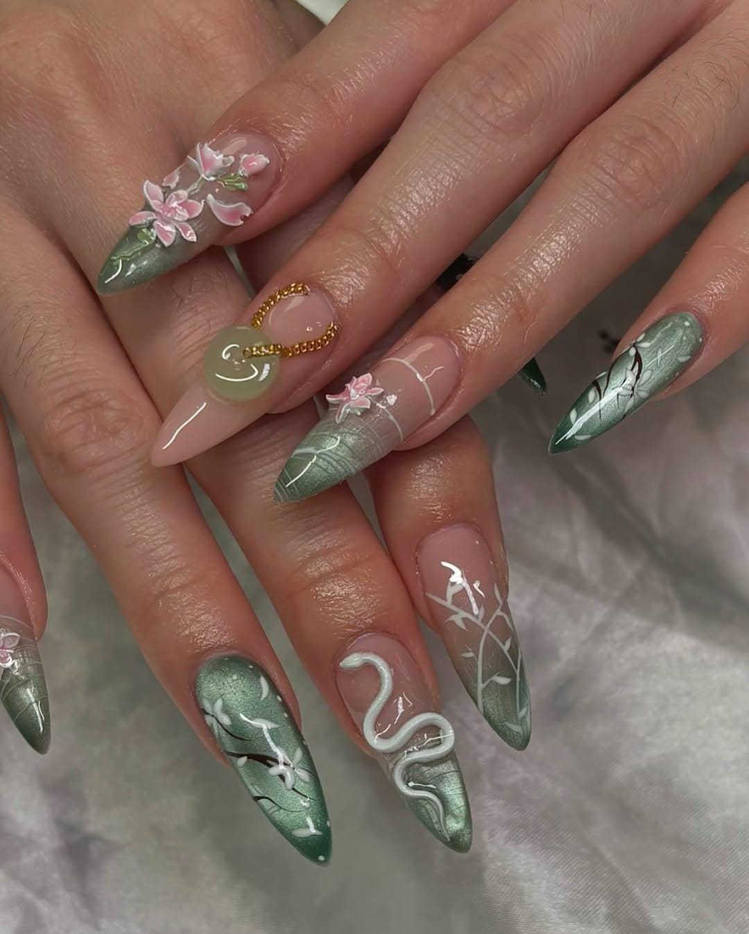 Jade Serpent Floral Press-On Nails with Mystic Elegance.