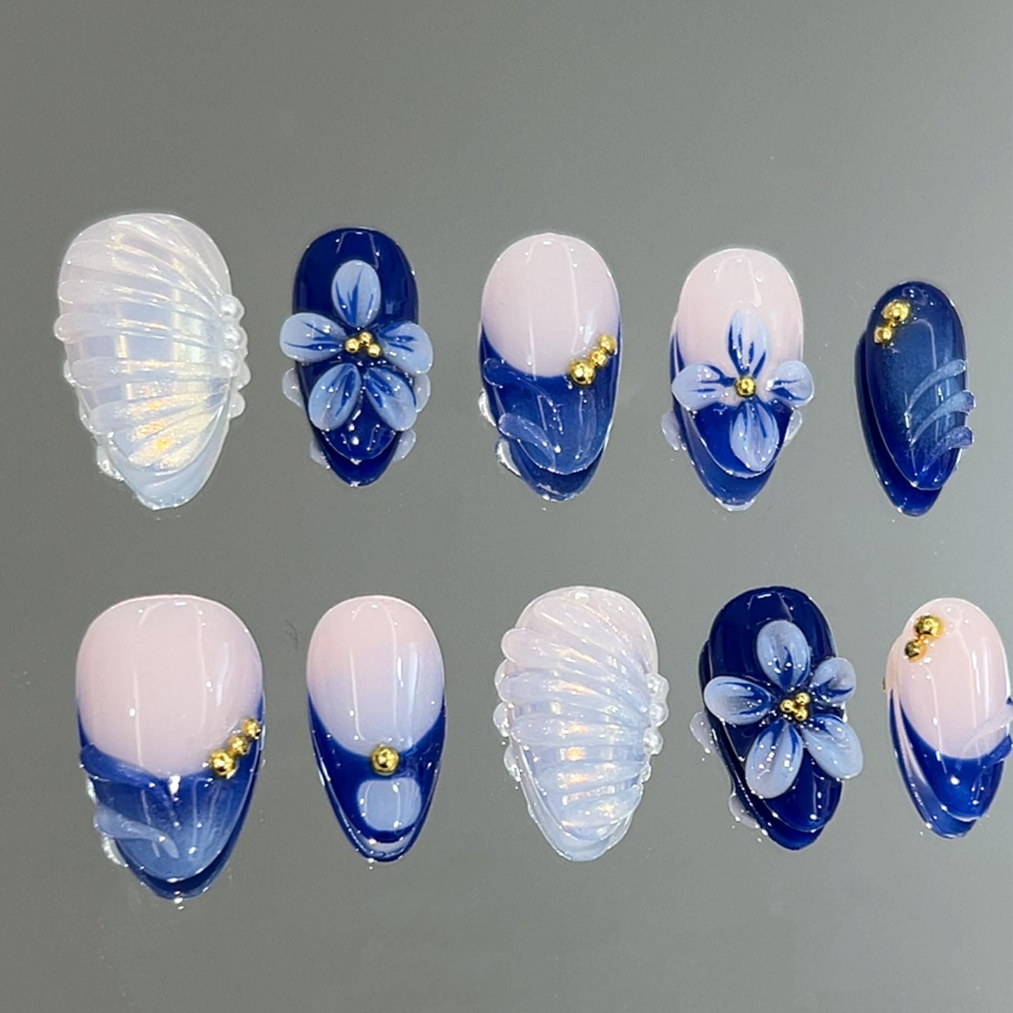 Blue Floral Press-On Nails with 3D Shell Design