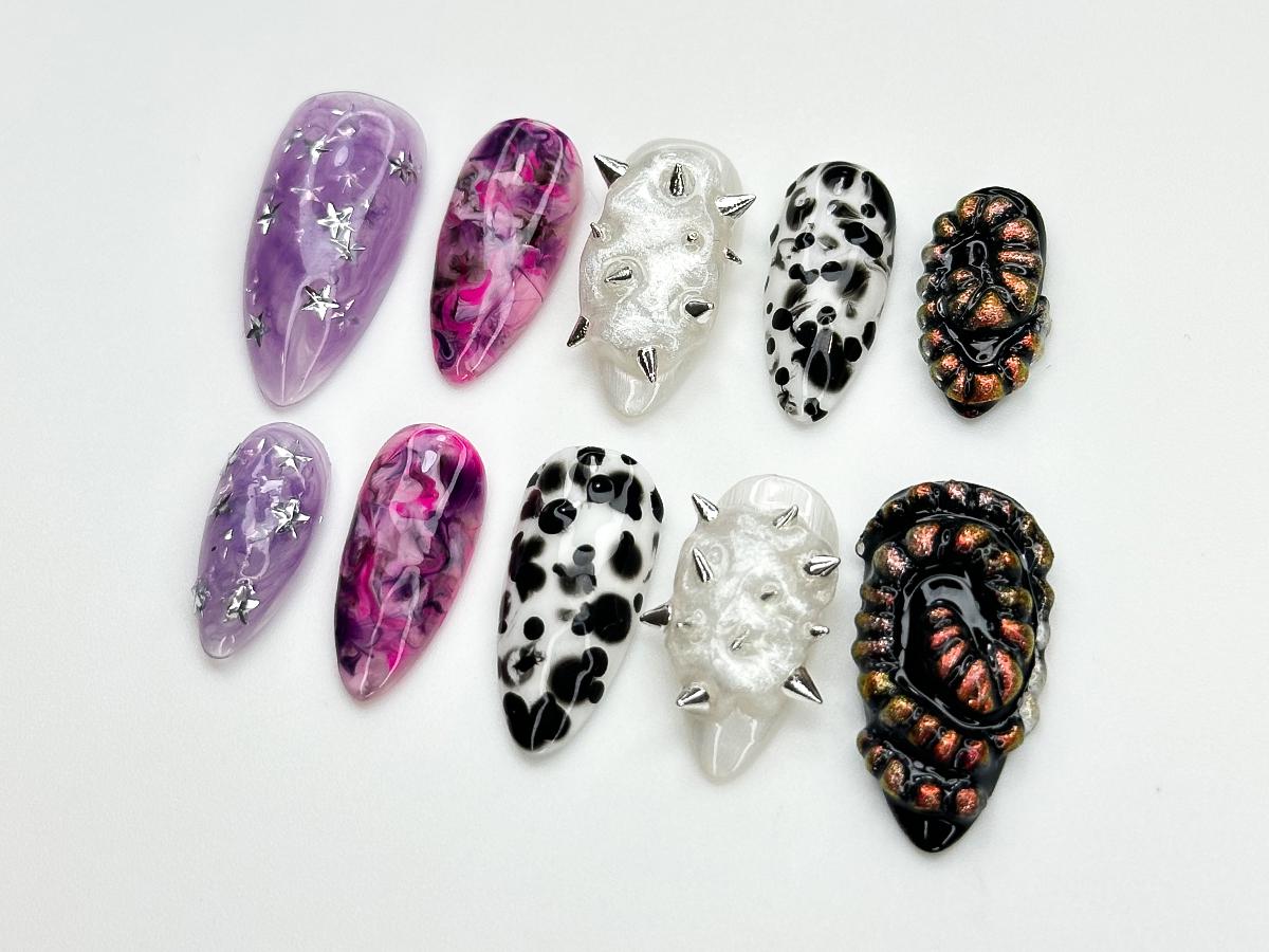 Galaxy Cow Spike Nails with Abstract Texture
