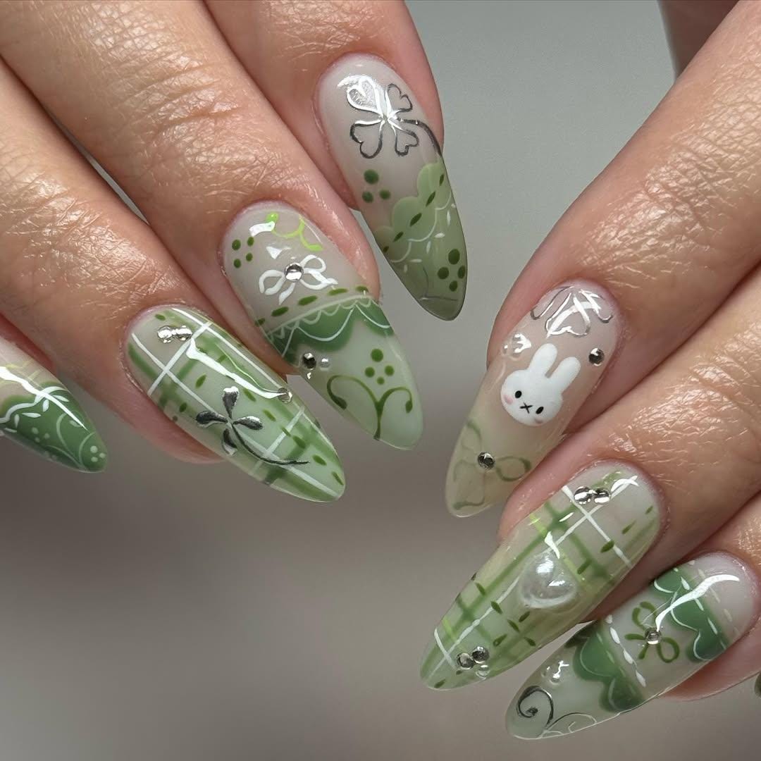 Charming Green 3D Press-On Nails, Bunny Set