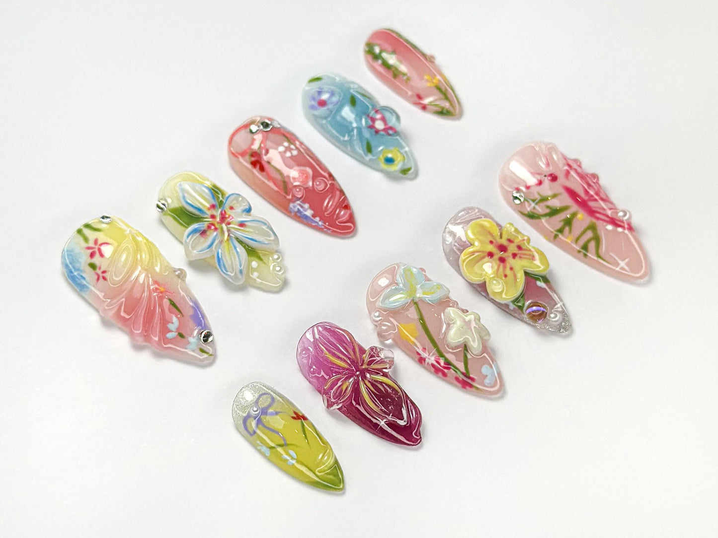 Vibrant Floral 3D Nail Art Set - Stunning Design