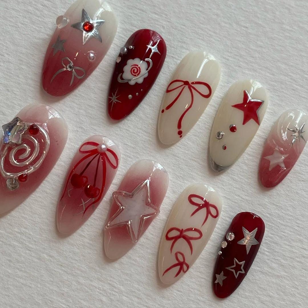 Red Coquette Press On Nails -Red Star Ribbon Press On Nails