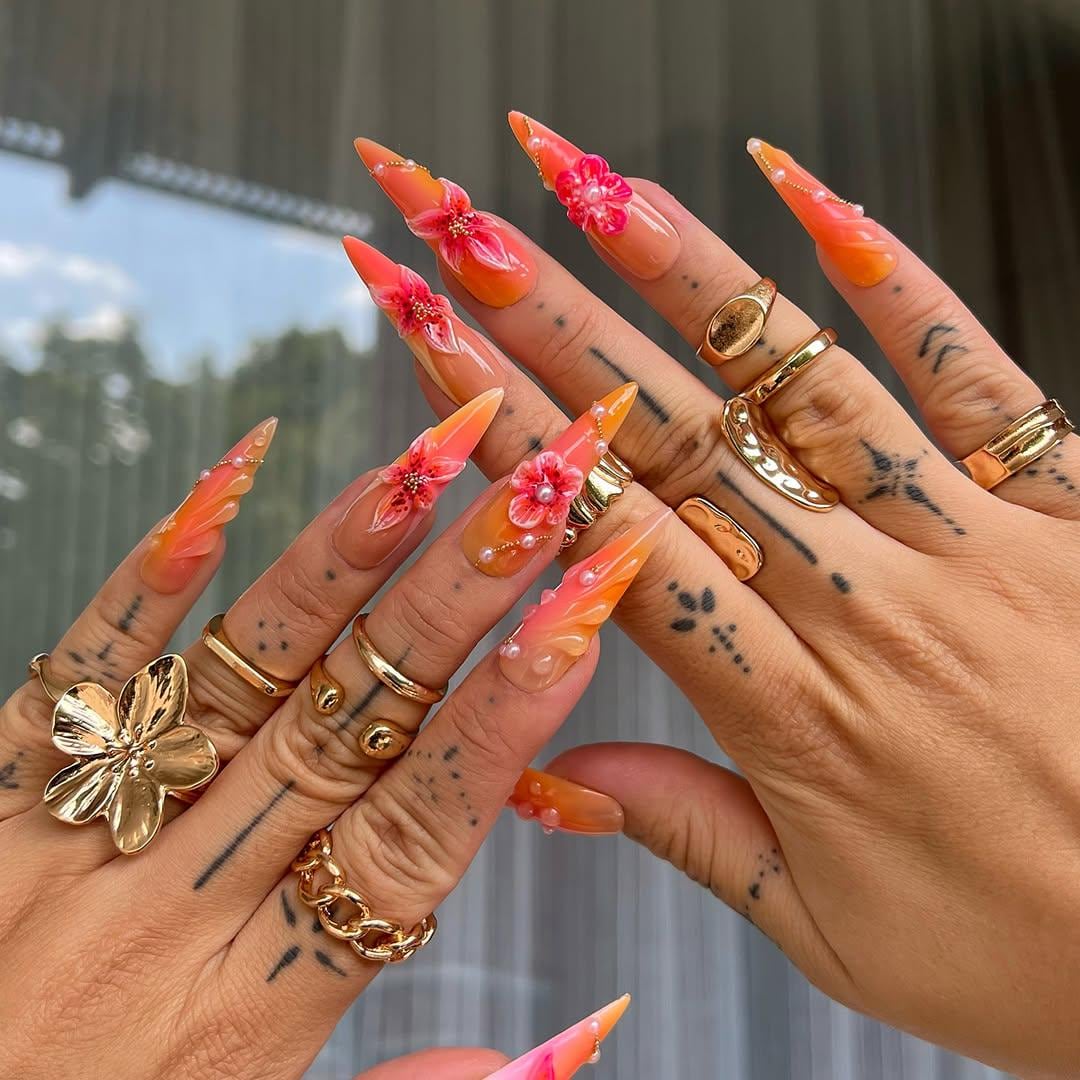 Sunset Bloom 3D Stiletto Press On Nail Set