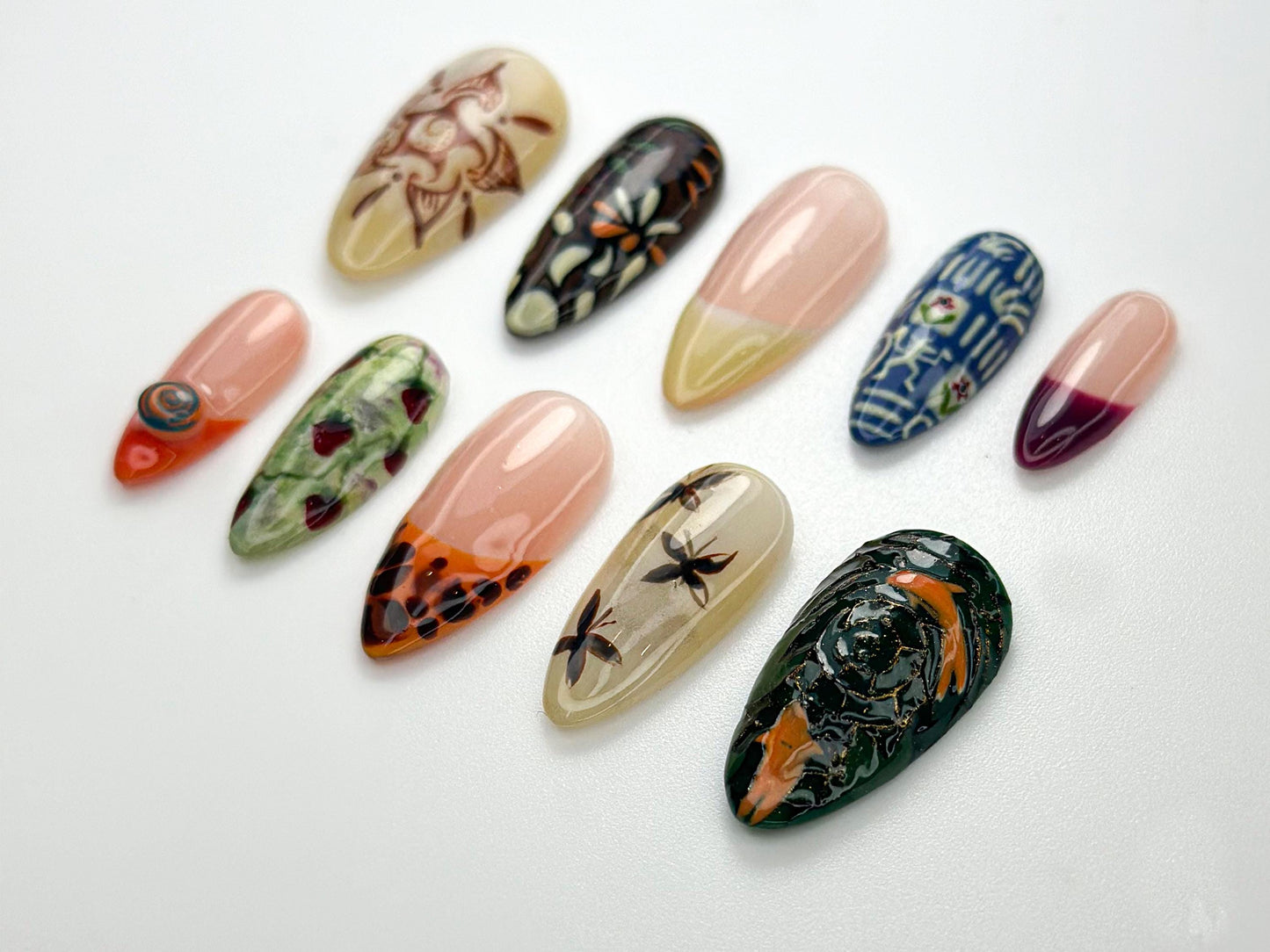 Floral, Butterfly & Koi Press-On Nail Set - Long-Lasting Art