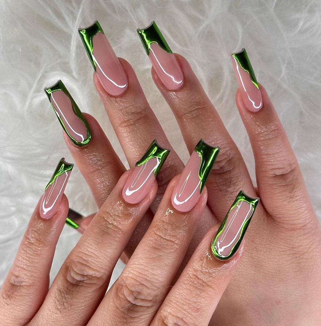 Green Chrome French Edge Press On Nails Set