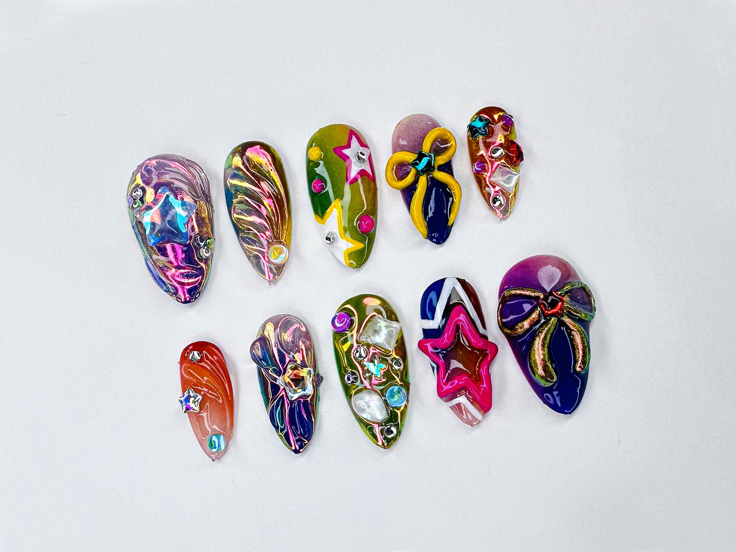Vibrant 3D Star & Bow Press On Nails