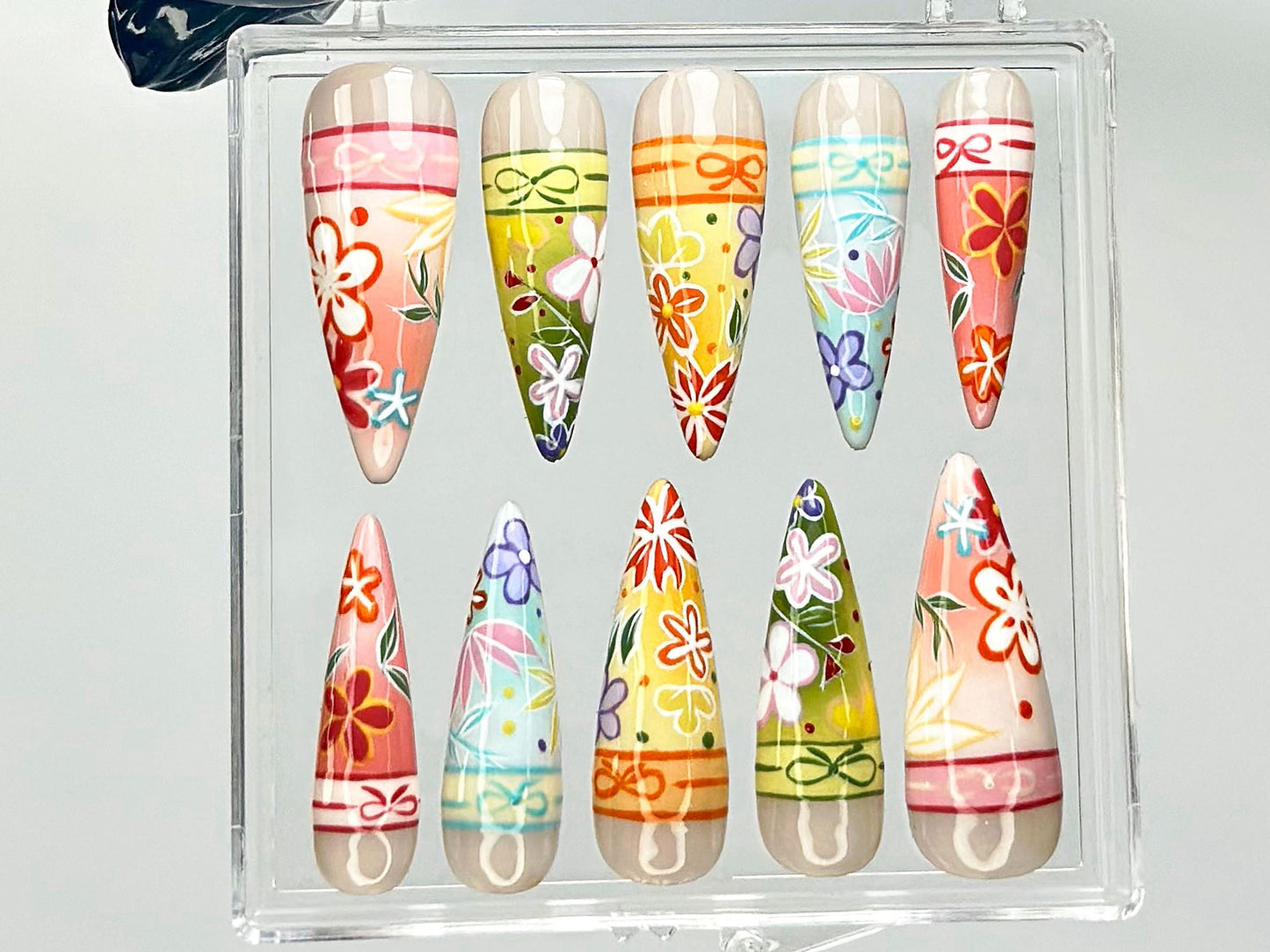 Handpainted Colorful Floral Festival Press On Nails
