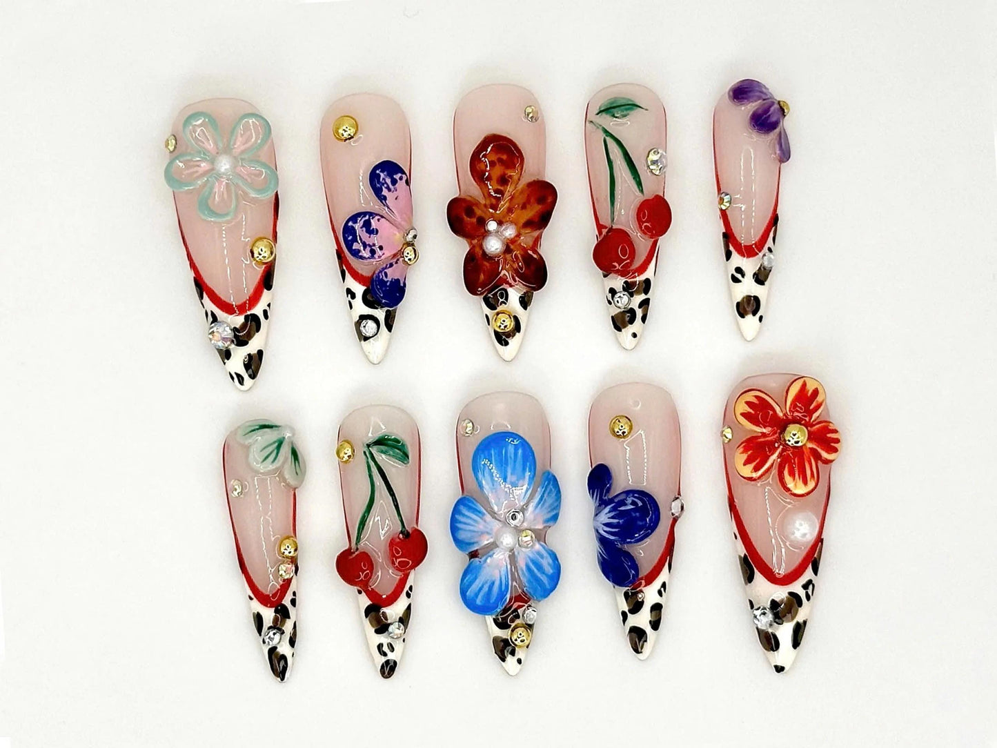 Vibrant 3D Floral Leopard Nail Art Set