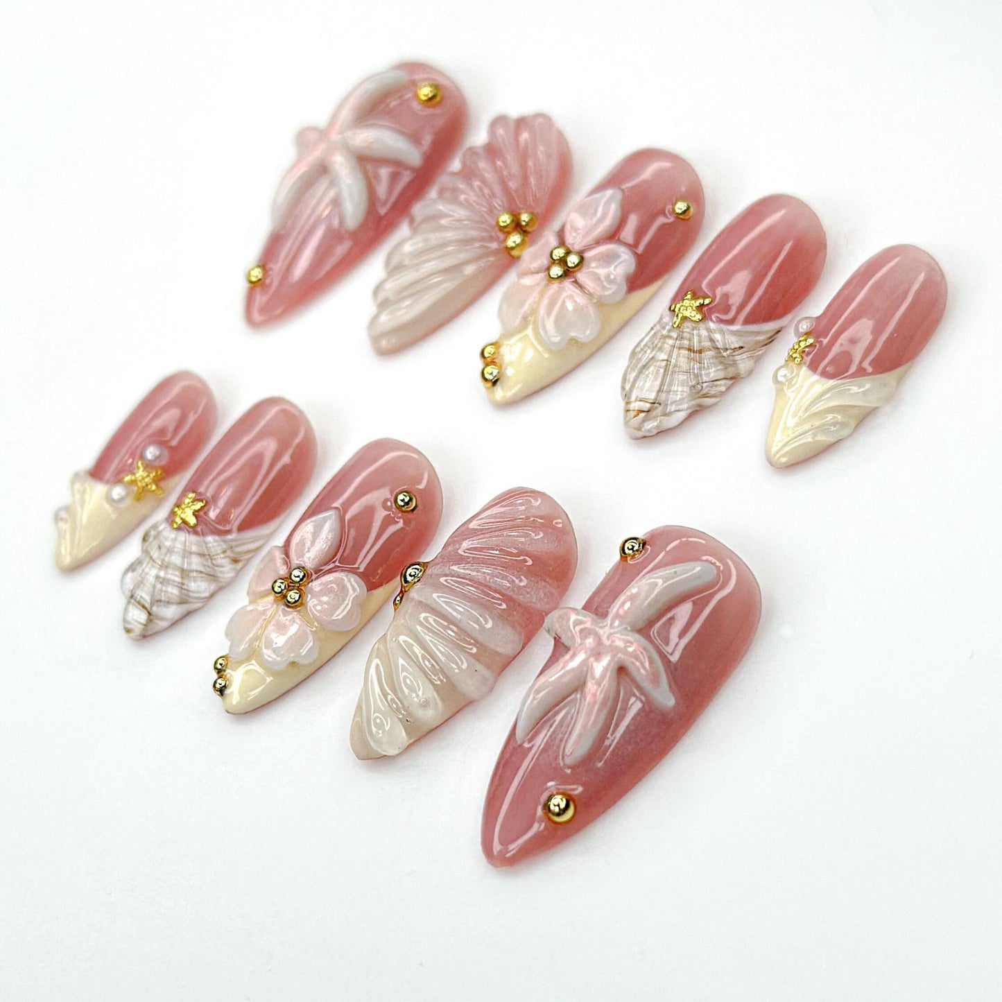 Soft Nude Seashell 3D Press On Nails - Beach Shell Starfish Press Nails