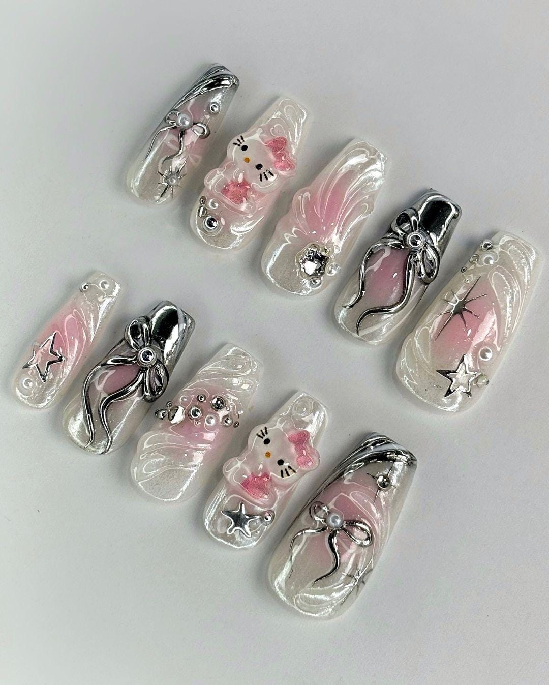 Cute Pink Bow & Kitty 3D Nail Set