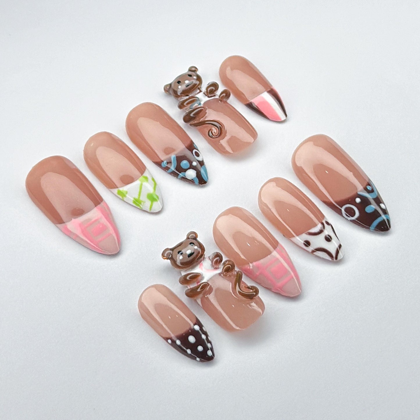 Playful Monkey 3D Press On Nails with Colorful Designs