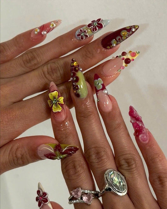 3D Floral Burgundy Pop Press On Nails
