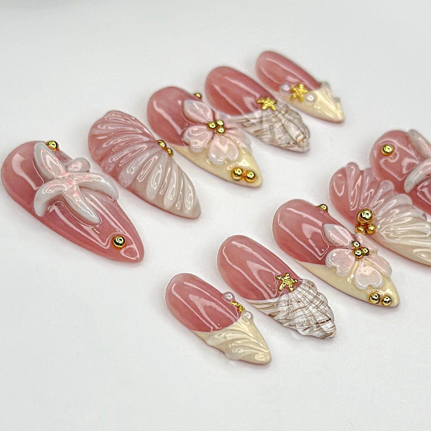 Soft Nude Seashell 3D Press On Nails - Beach Shell Starfish Press Nails
