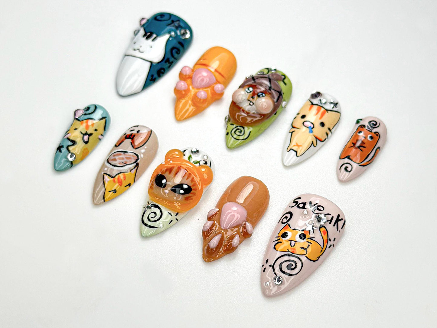 Whimsical Cartoon Kitty Press On Nails Set for Cat Lovers