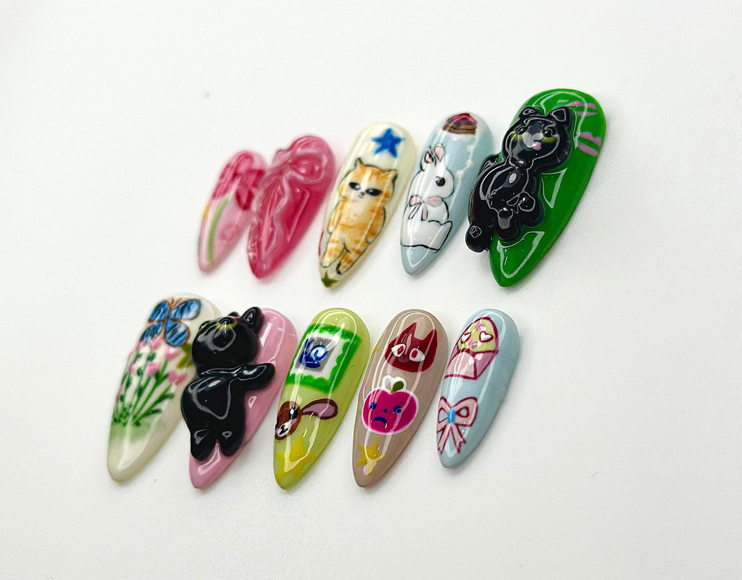 Kawaii Cat Bunny Ribbon Press On Nails