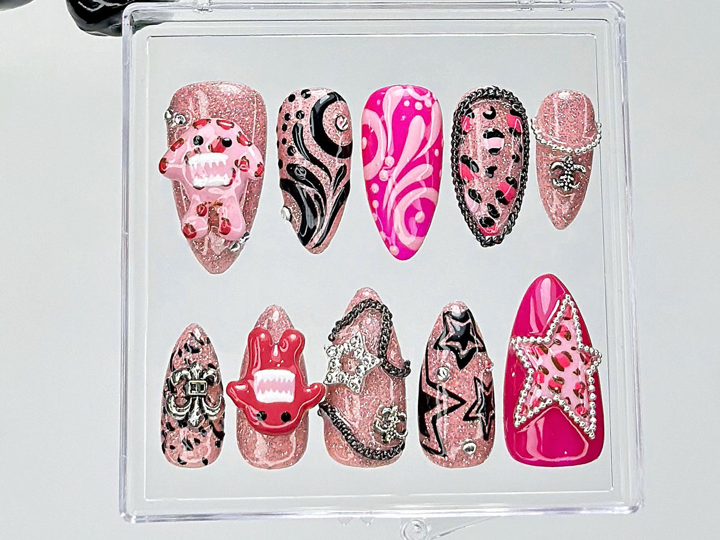 Y2K Pink Chrome Star Punk Press On Nails