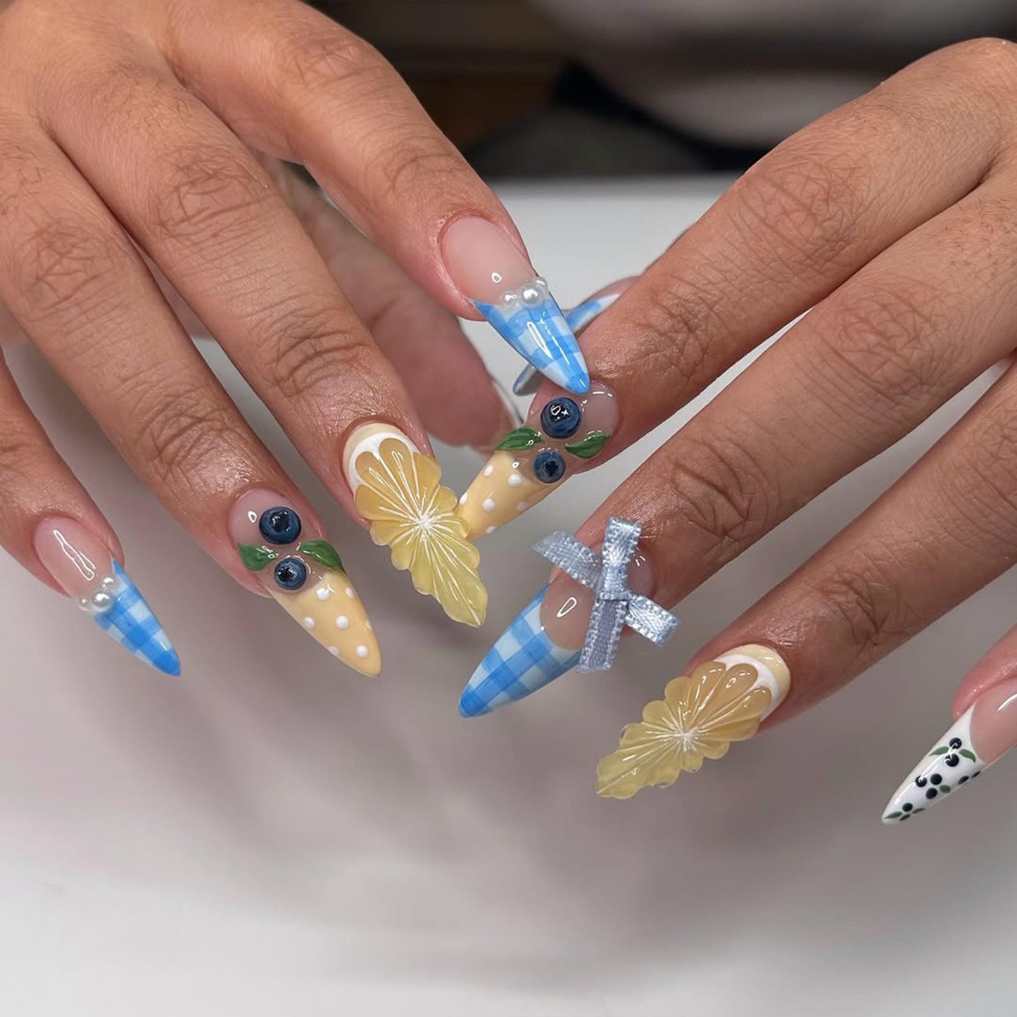 Summer Gingham Fruit Press On Nails Blueberry Lemon Design