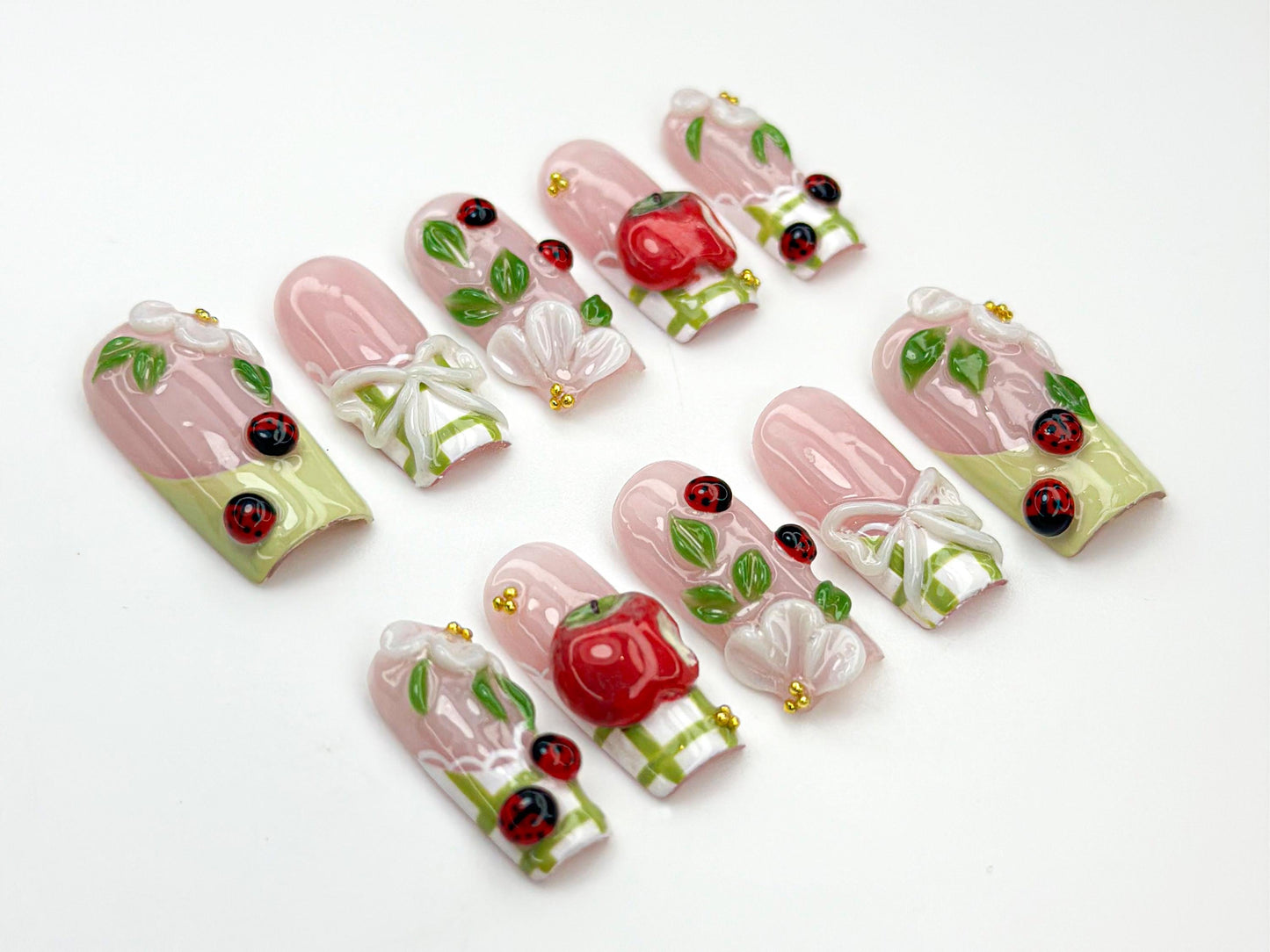 Apple Ladybug Garden Press-On Nails Set
