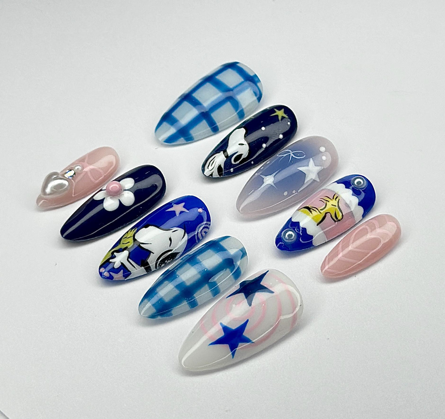 Cartoon Star Press On Nails Blue Gingham Set