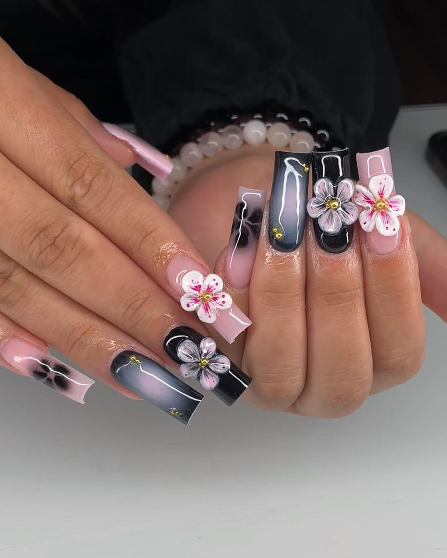Elegant Pink Black Floral 3D Press On Nails