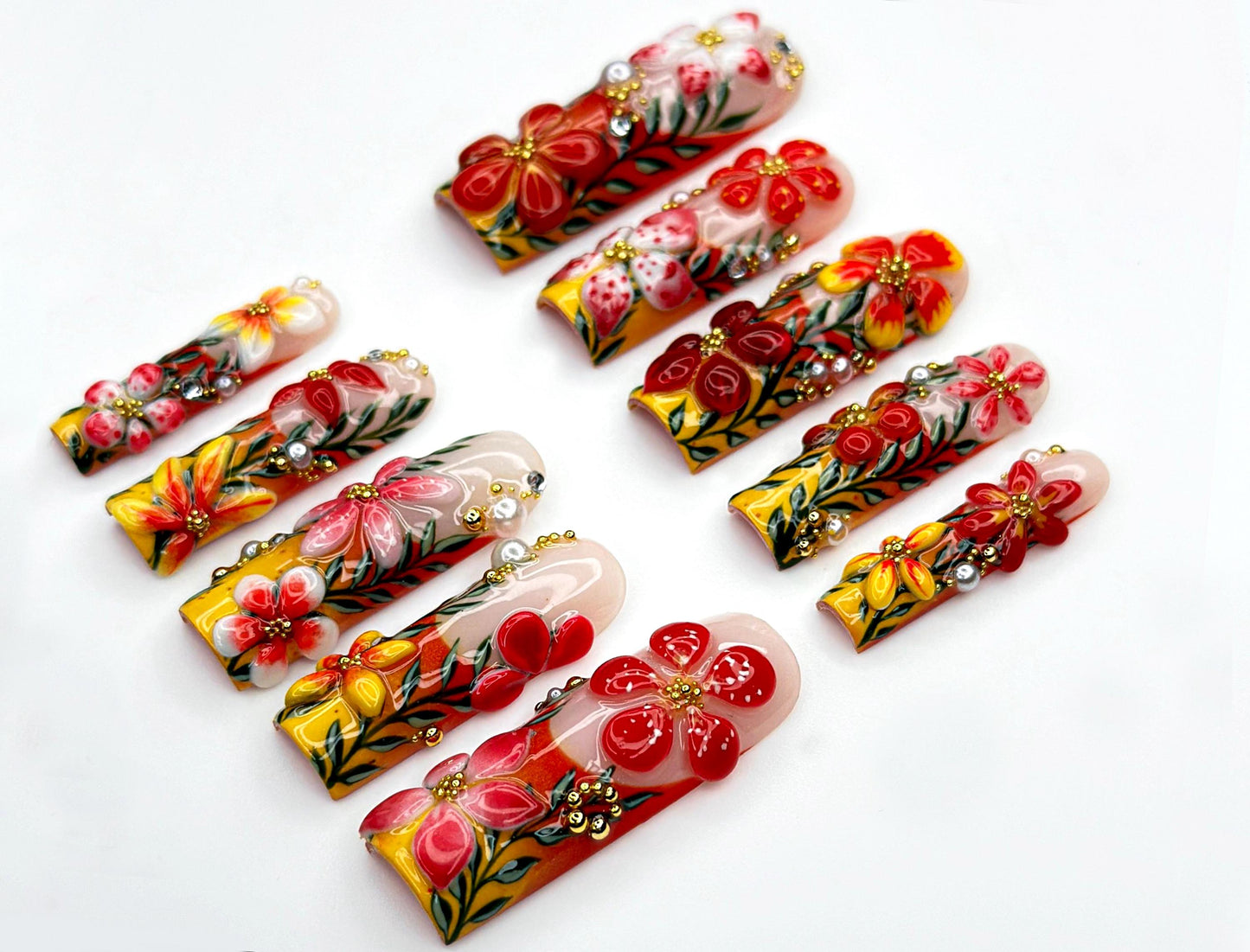 Tropical Bloom Garden Press On Nails with 3D Floral Embellishments