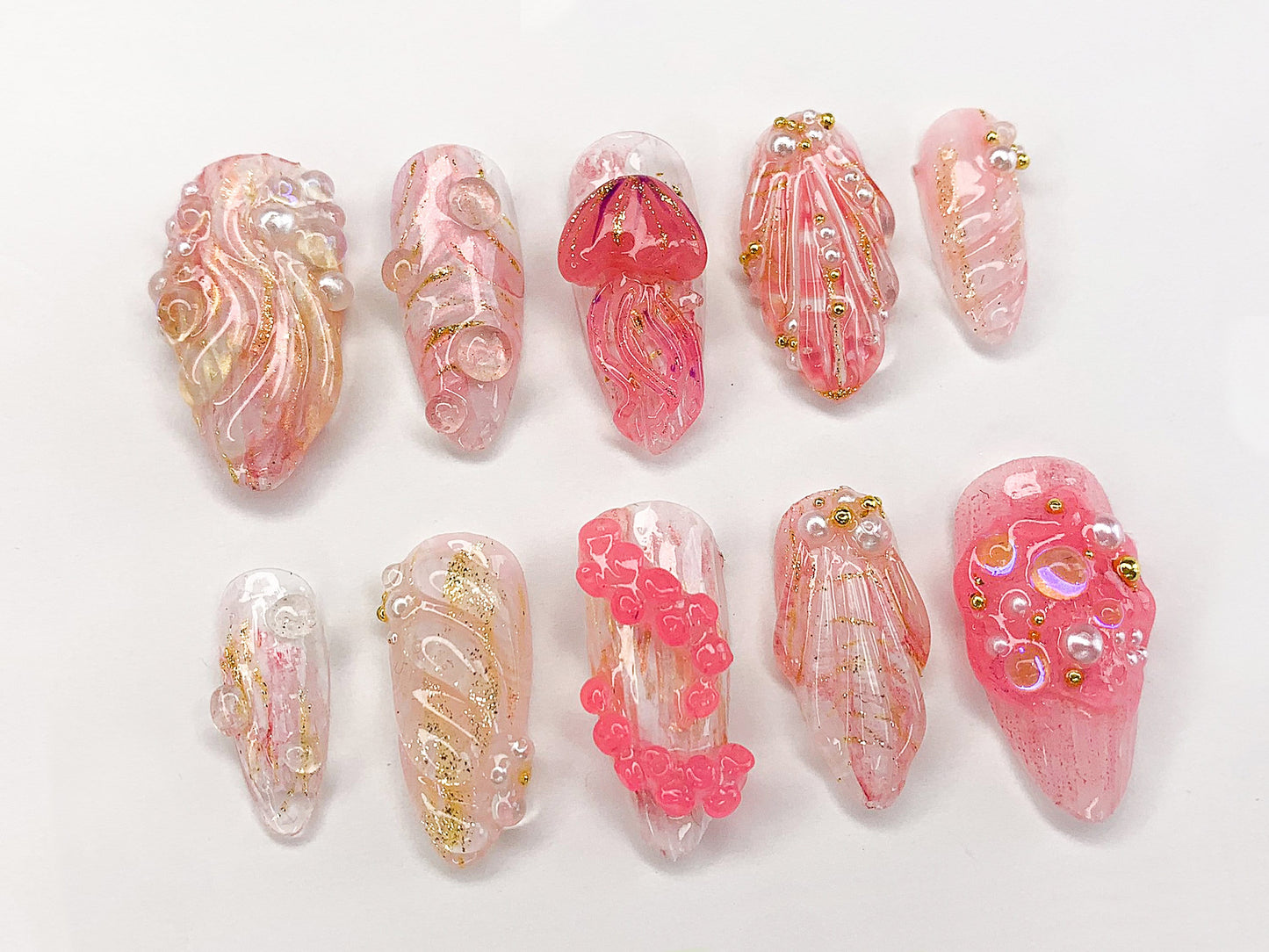 Mermaid Pink Gold Pearl 3D Press On Nails
