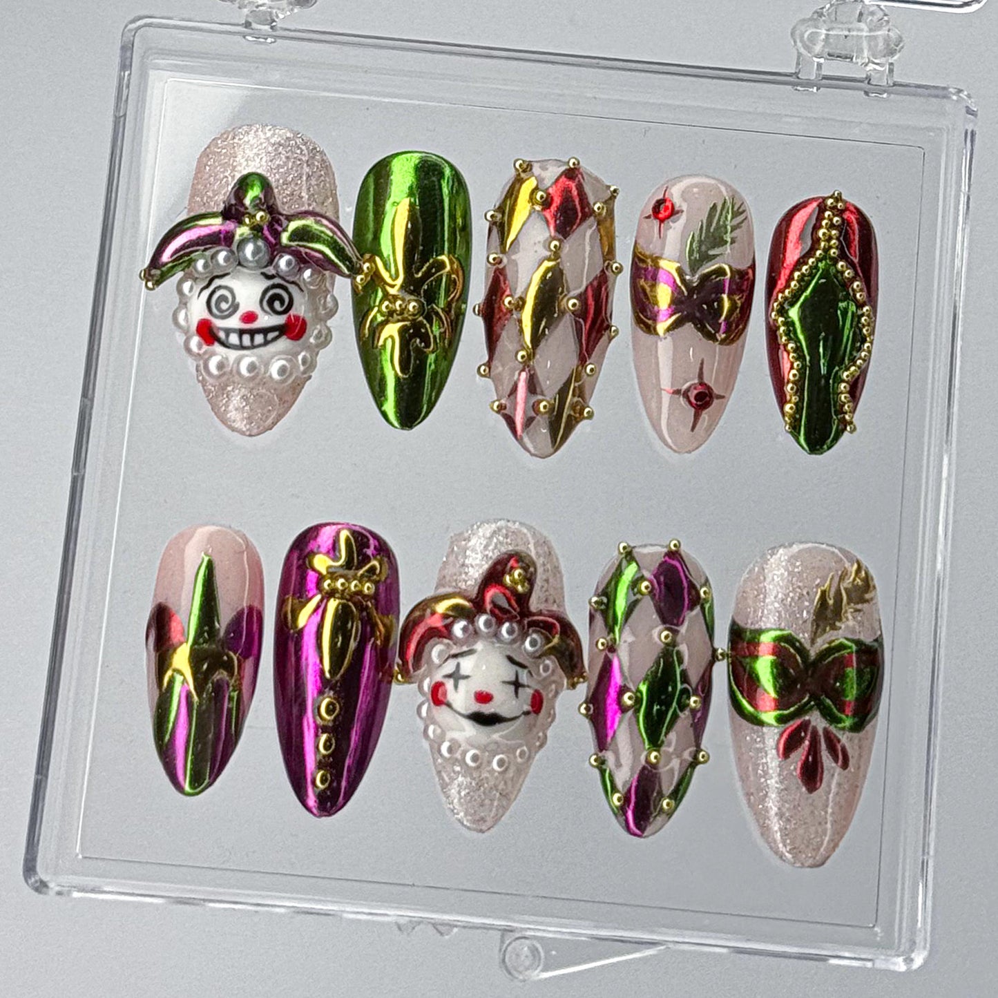 Festive Jester Mask Press-On Nail Set.