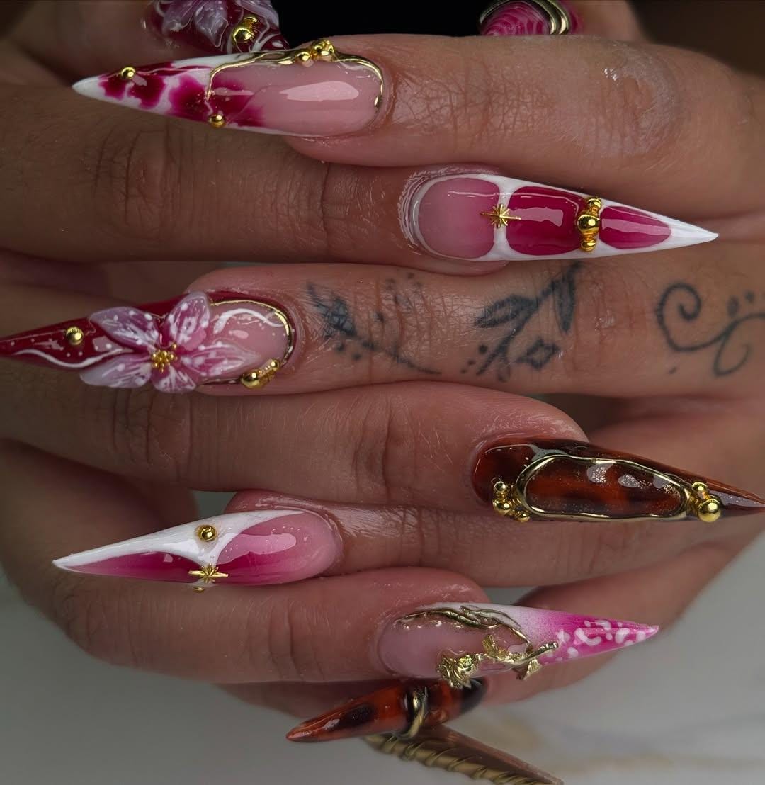 Cherry Gold Bloom Press On Nails, Red & White Stiletto