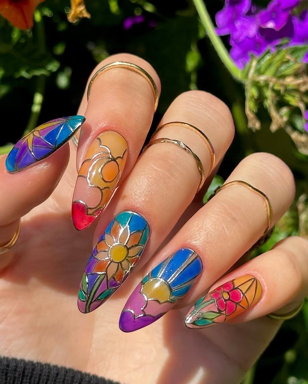 Stained Glass Floral Nail Art Set - Vibrant Colors