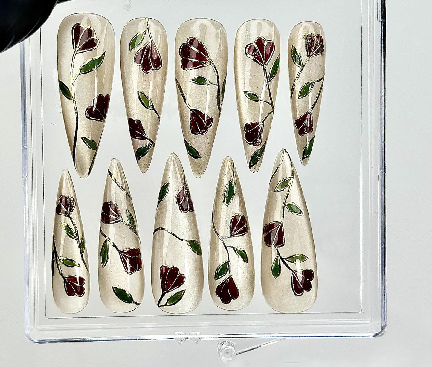 Vintage Vine Bloom Press On Nails Set With Elegant Burgundy Flowers and Pearl Details
