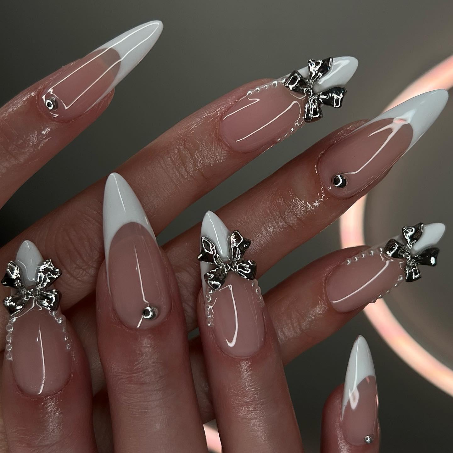 White Chrome Bow French Press On Nails