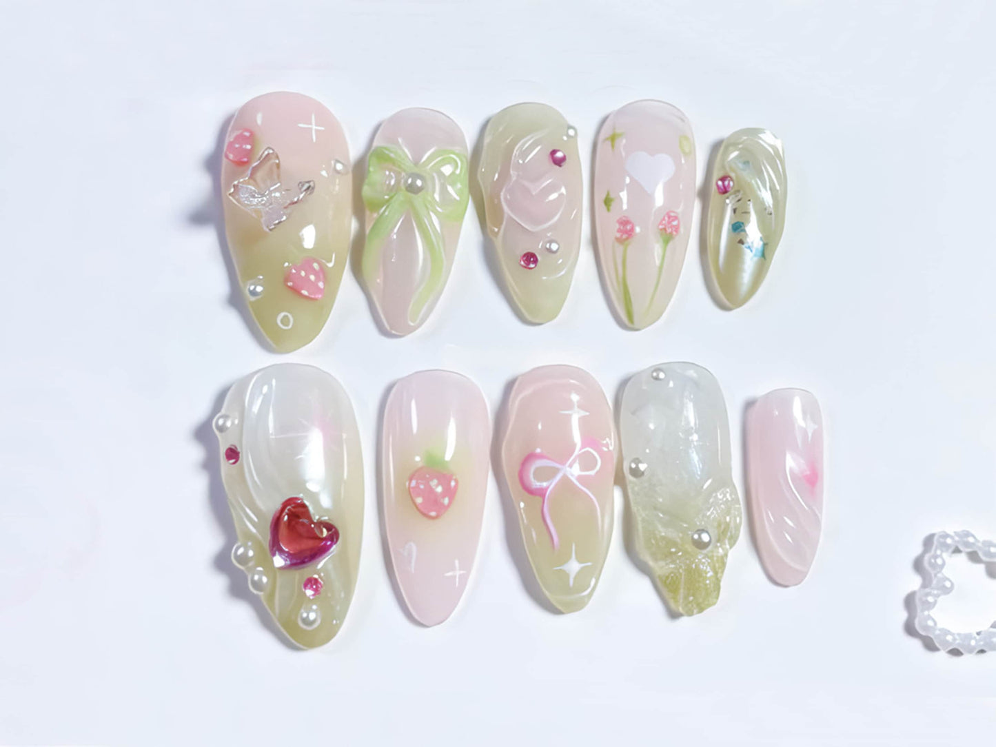 Pastel Jelly 3D Strawberry Heart Press On Nails