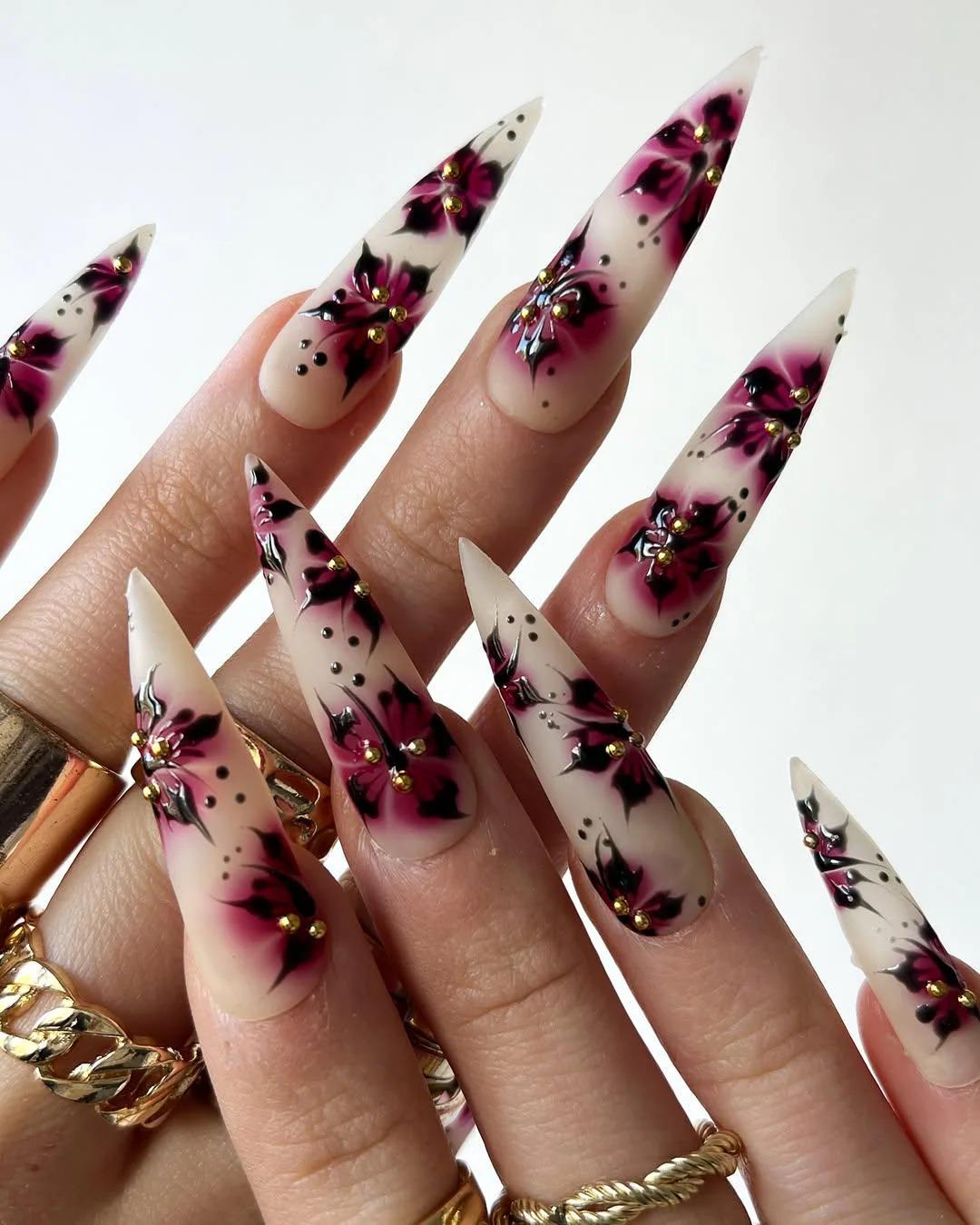 Dark Blossom Press On Nails 3D Crimson Floral Matte Ivory Stiletto Tips