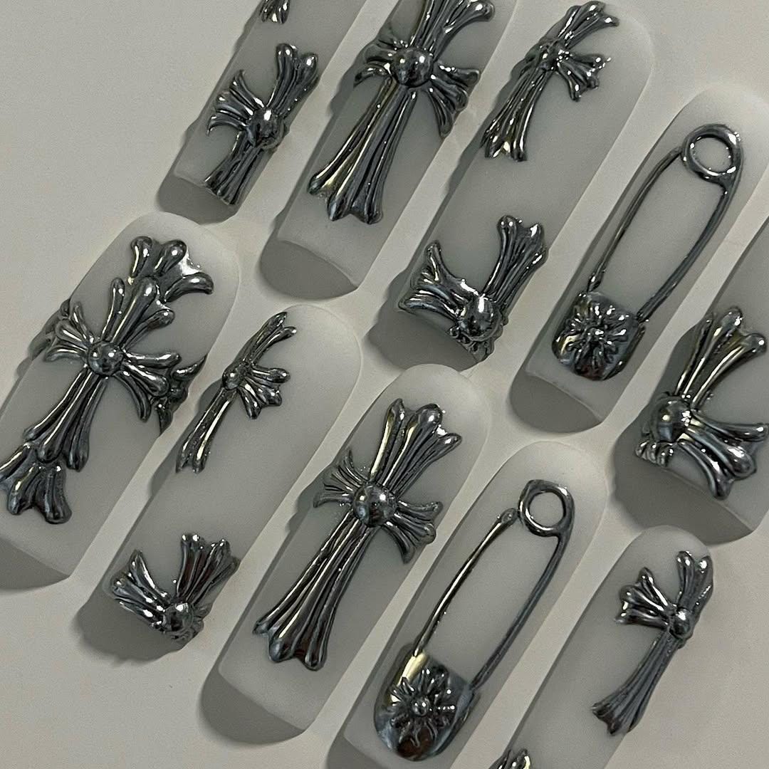 Gothic Chrome Cross Press On Nails Set