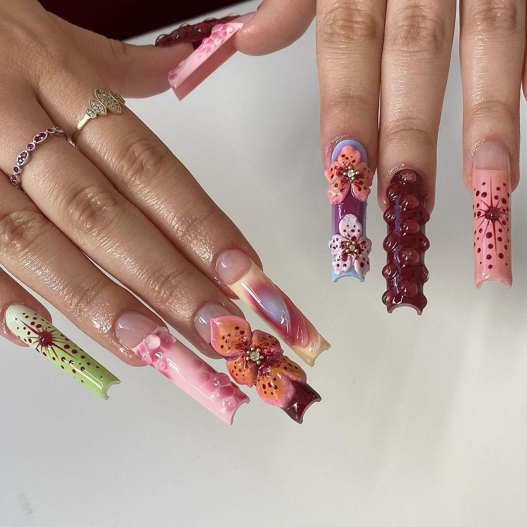 Bold Cutout 3D Floral Candy Press On Nails