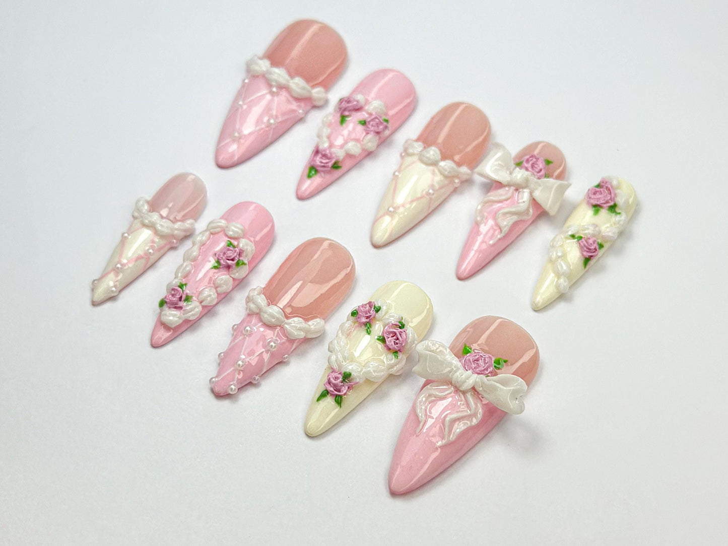 3D Rose & Lace Bridal Press-On Nails