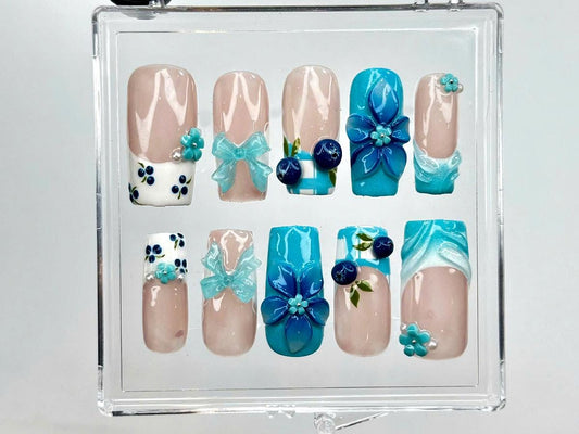 3D Blue Flower Press On Nails
