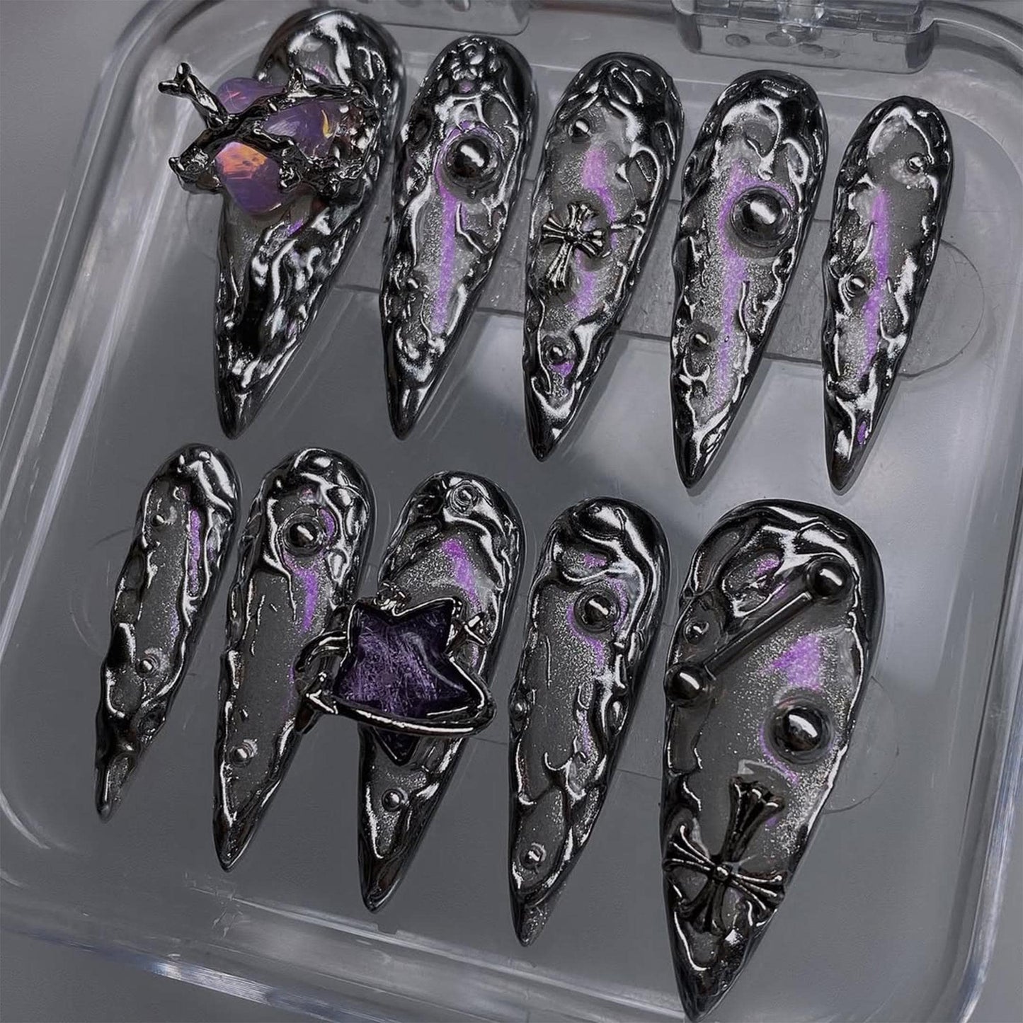 Gothic Chrome Purple Flame Press On Nails Set