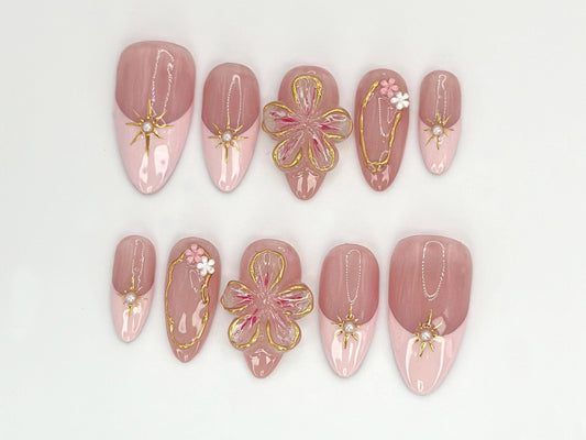 3D Floral Pink Pearl Press On Nails